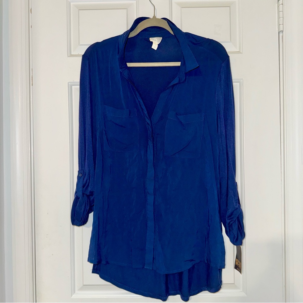 Converse one star Blue Button-Up Blouse rolled sleeves hi lo hem L NWT